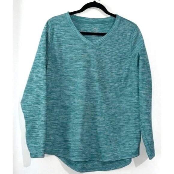 St Johns Bay Active Teal Long Sleeve V-Neck Pullover Top Size L 100% Polyester - Picture 1 of 6